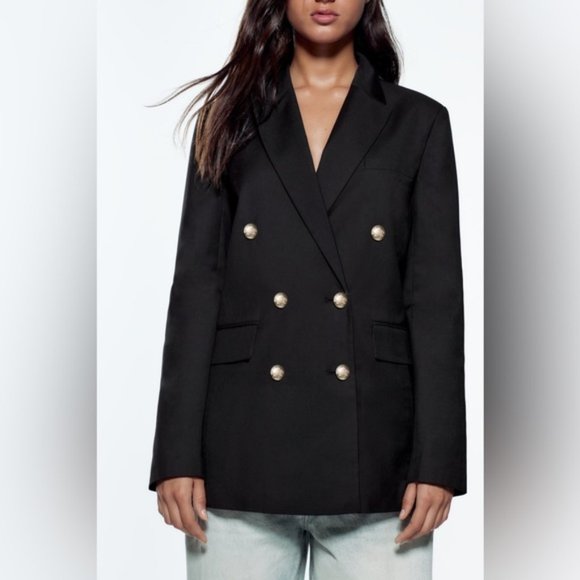 Zara Jackets & Blazers - ZARA Black Double-breasted gold buttons blazer